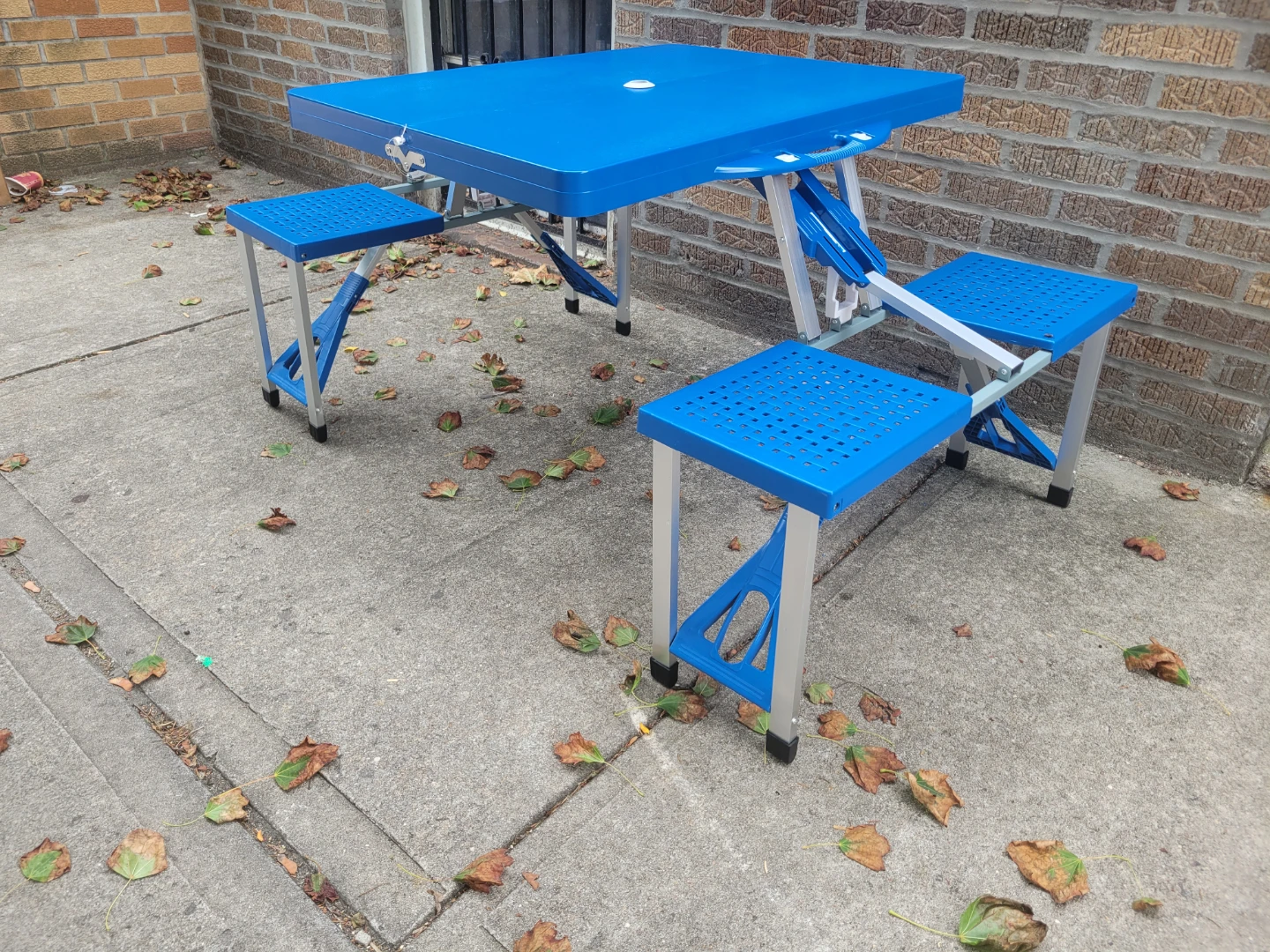 Blue Folding Picnic Table with 4 seats chairs and umbrella hold - photo 2