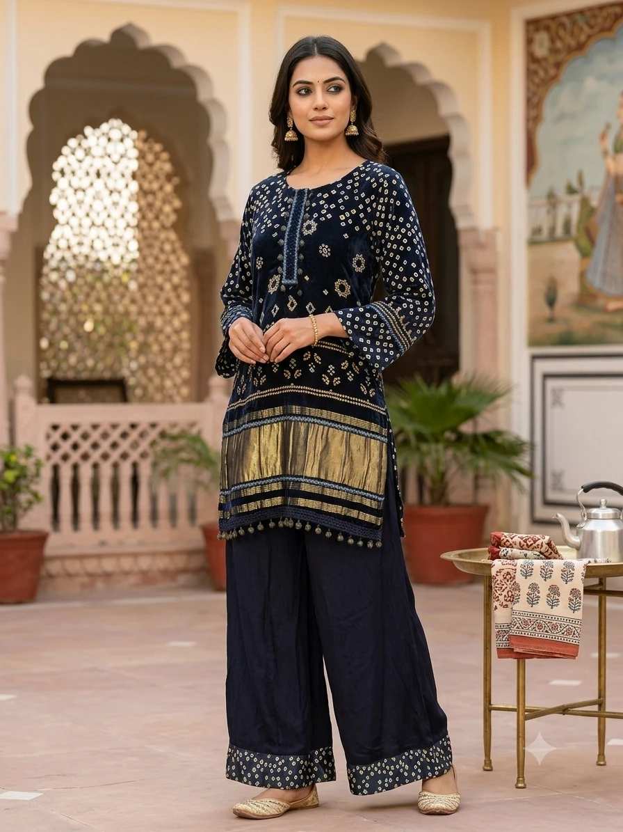 Royal Navy Blue Bandhani Silk Co-Ord Set
