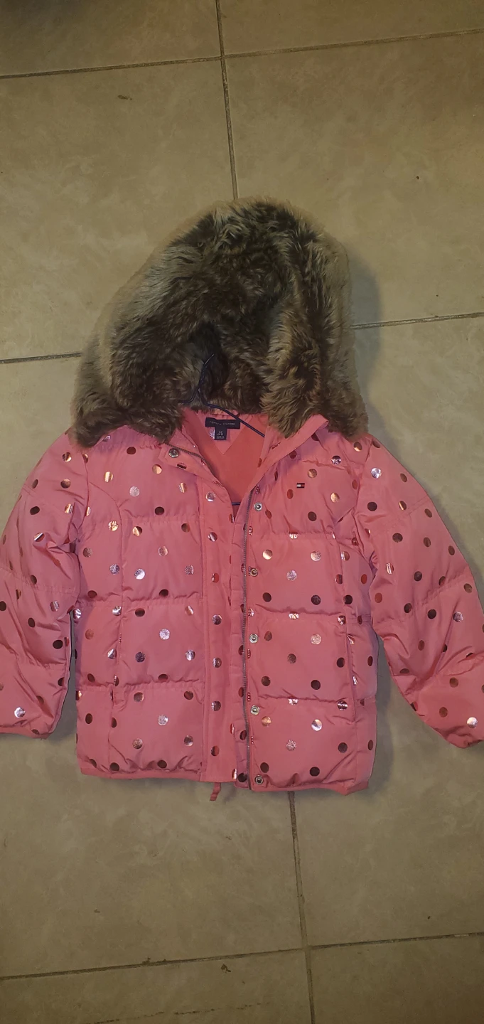 Tommy Hilfiger Pink Polka Dot Puffer Jacket with Fur Hood