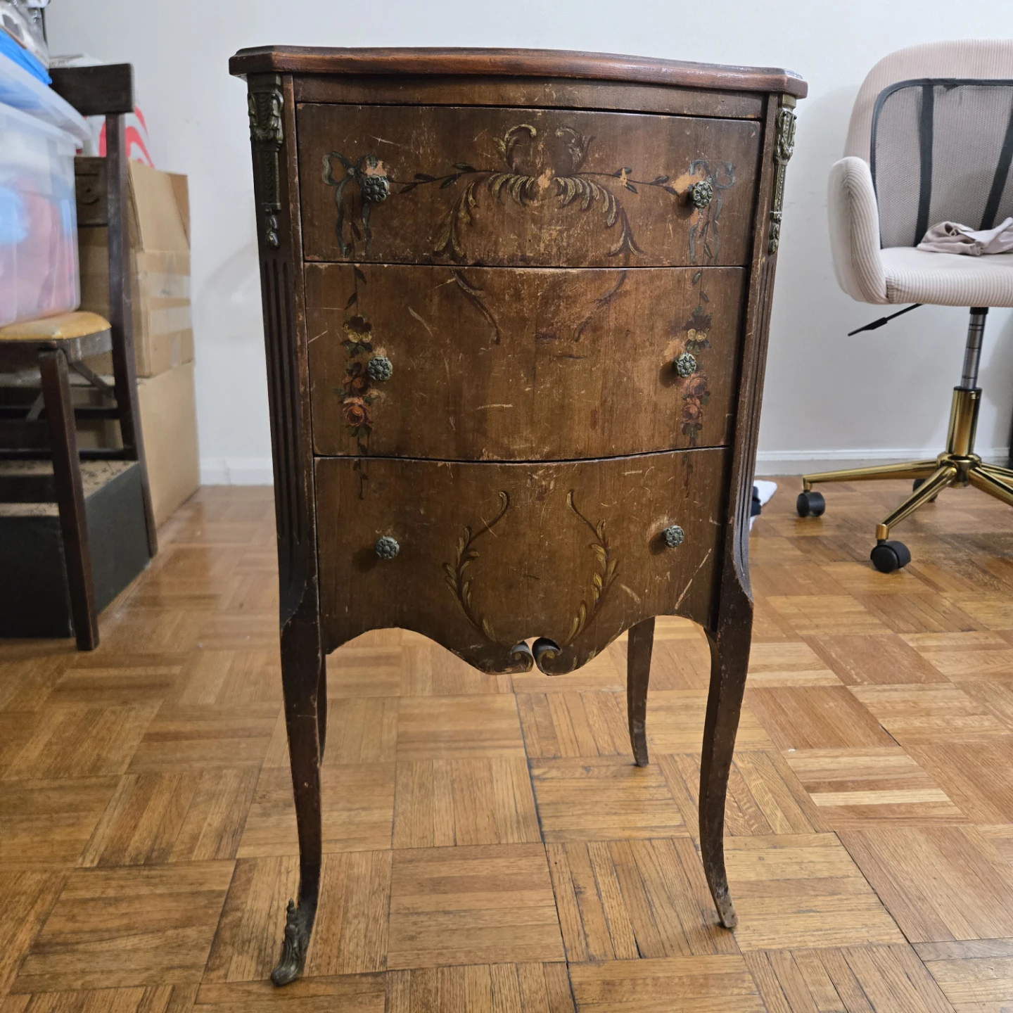 Antique 3-Drawer Wood Cabinet with Decorative Painting