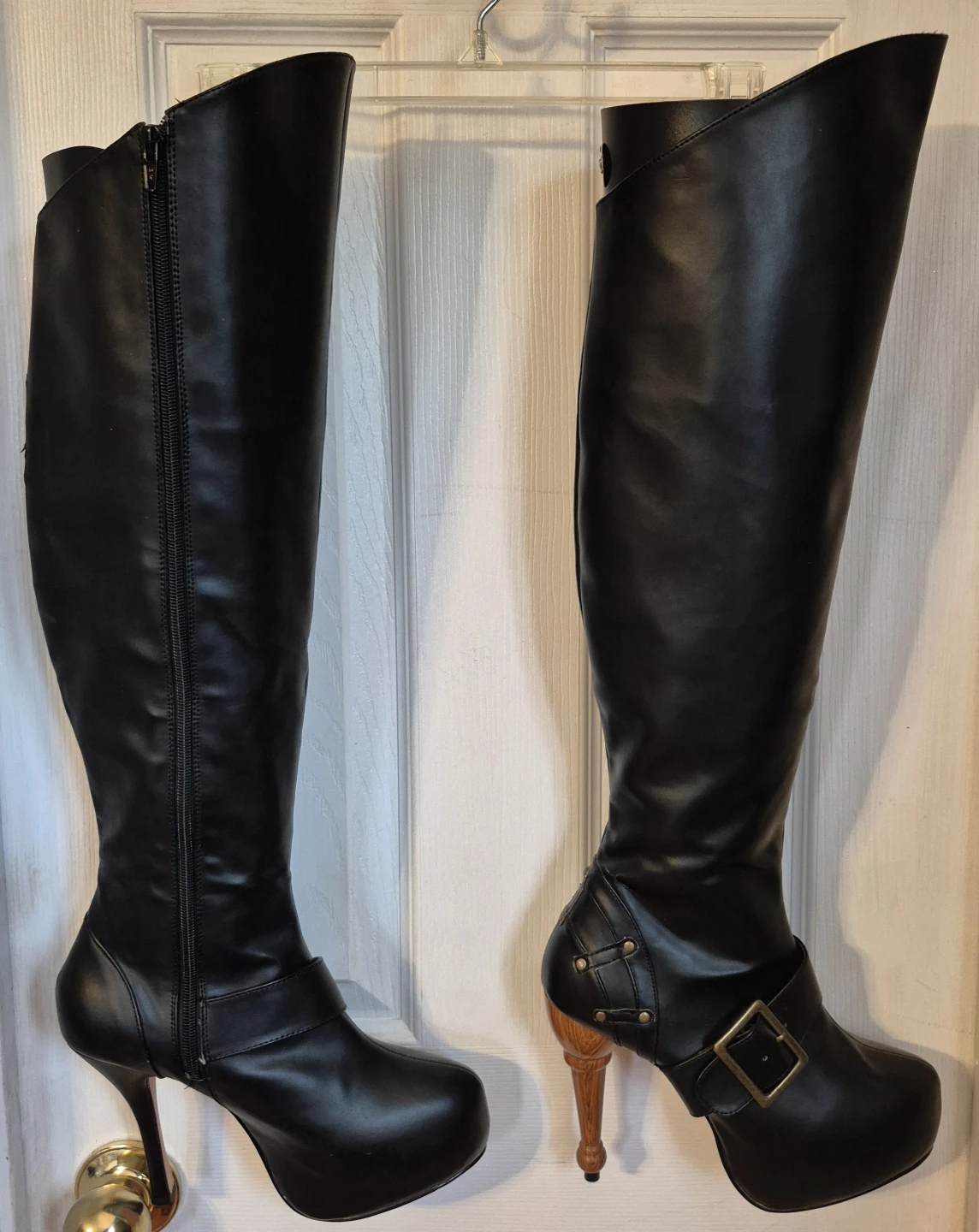 Black- Over the knee Platform Boots with Wooden Heel