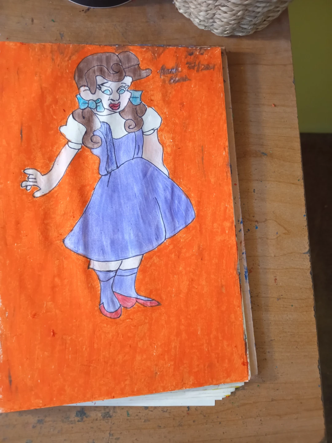 ORANGE BACKGROUND PURPLE DRESS GIRL DRAWING - photo 5
