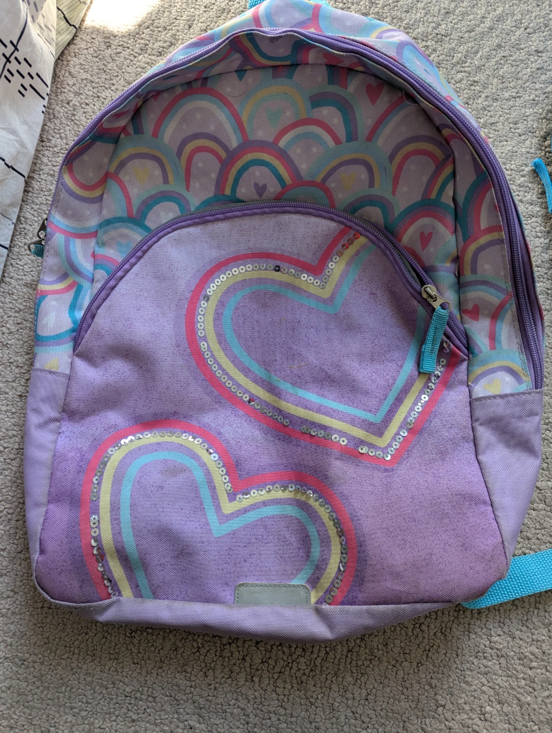 Purple Backpack with Rainbow and Heart Design