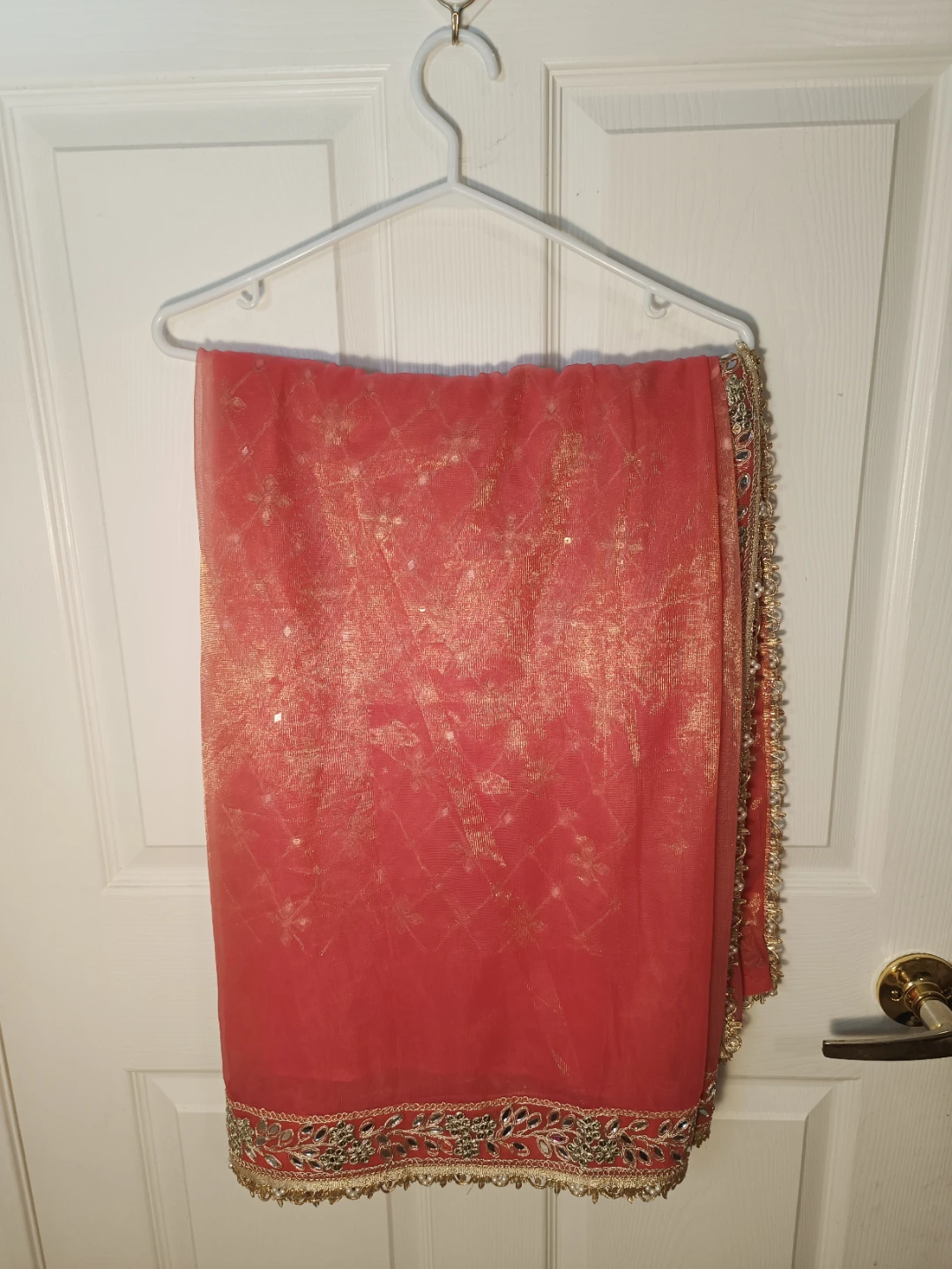 Brand New Pink embroidered Saree with pearls and mirror work