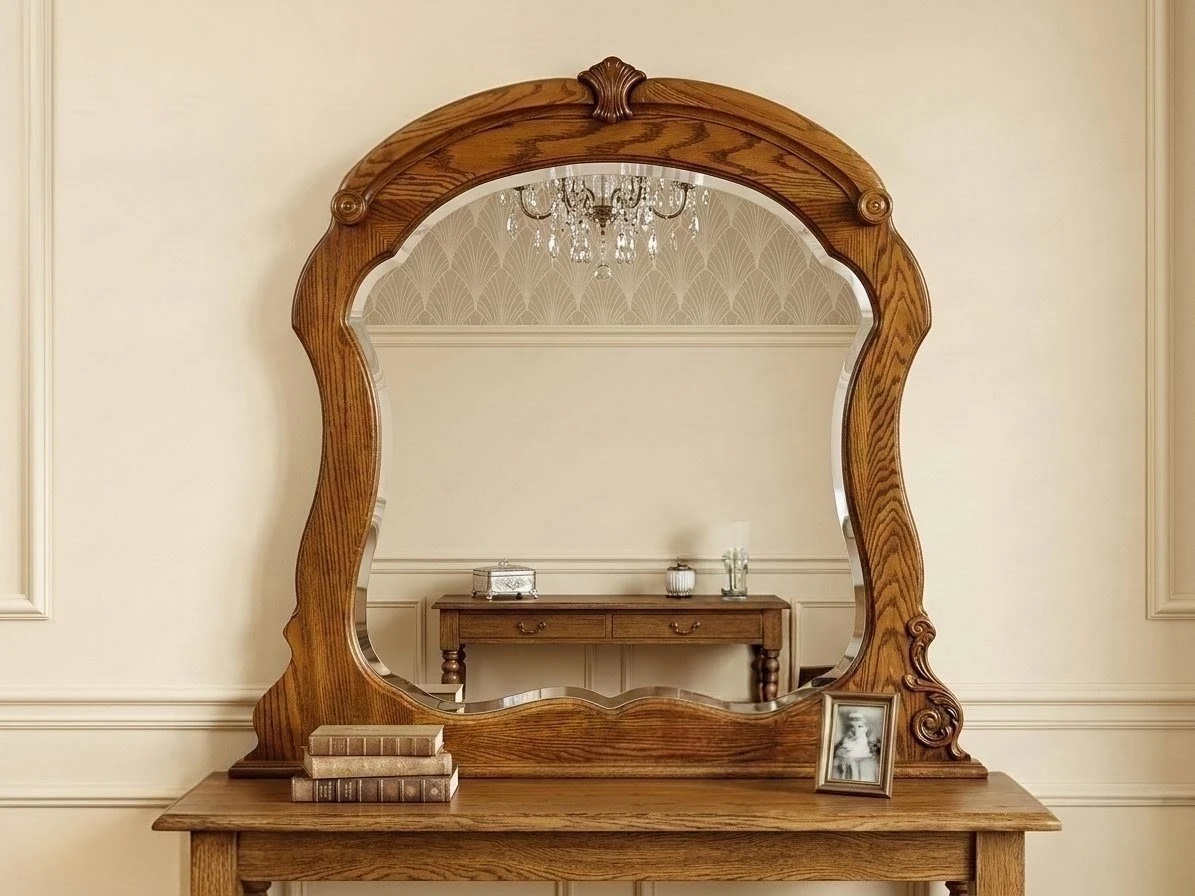 Vintage Solid Oak Framed Mirror – Beveled Glass & Carved Accents