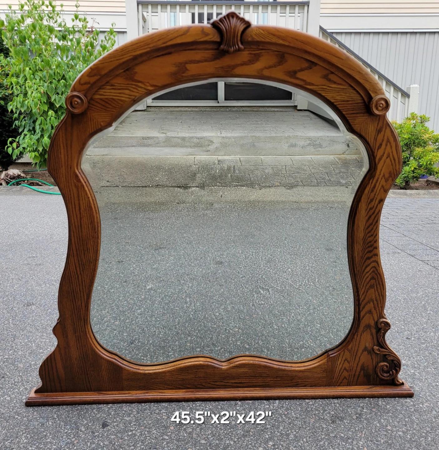 Vintage Solid Oak Framed Mirror – Beveled Glass & Carved Accents - photo 3