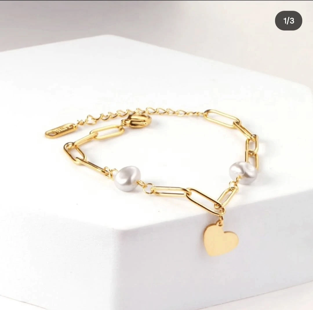 Gold Plated Stainless Steel Heart & Pearl Bracelet - photo 2