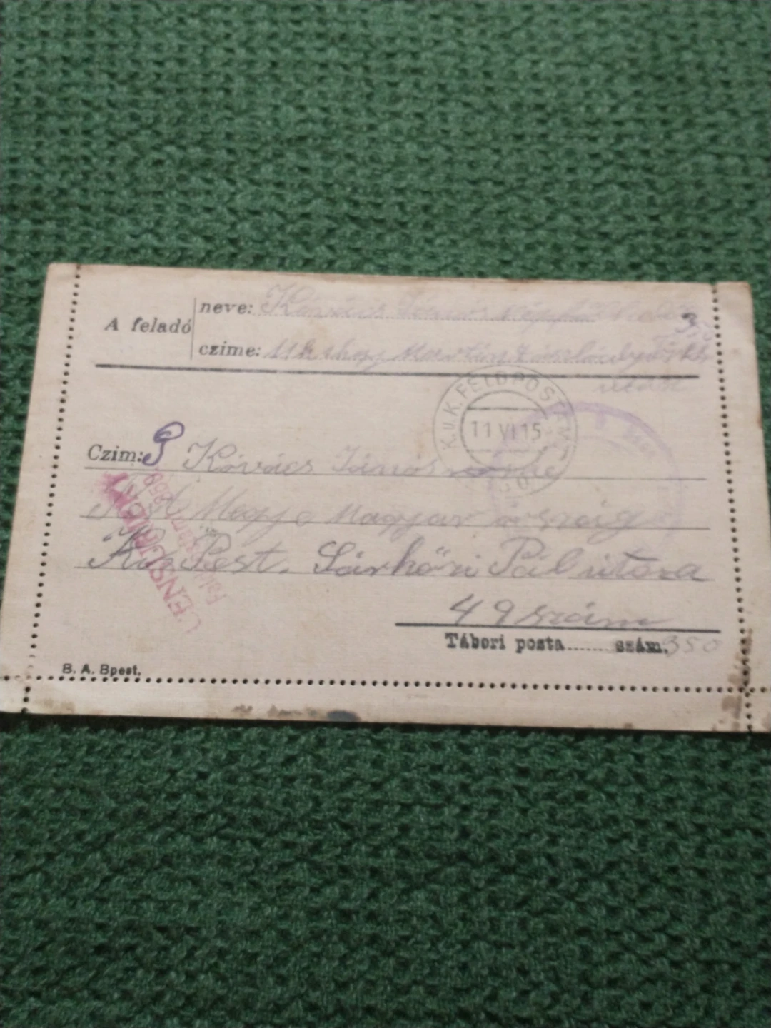 1915 WWI Austro-Hungarian Military Field Post censored letter