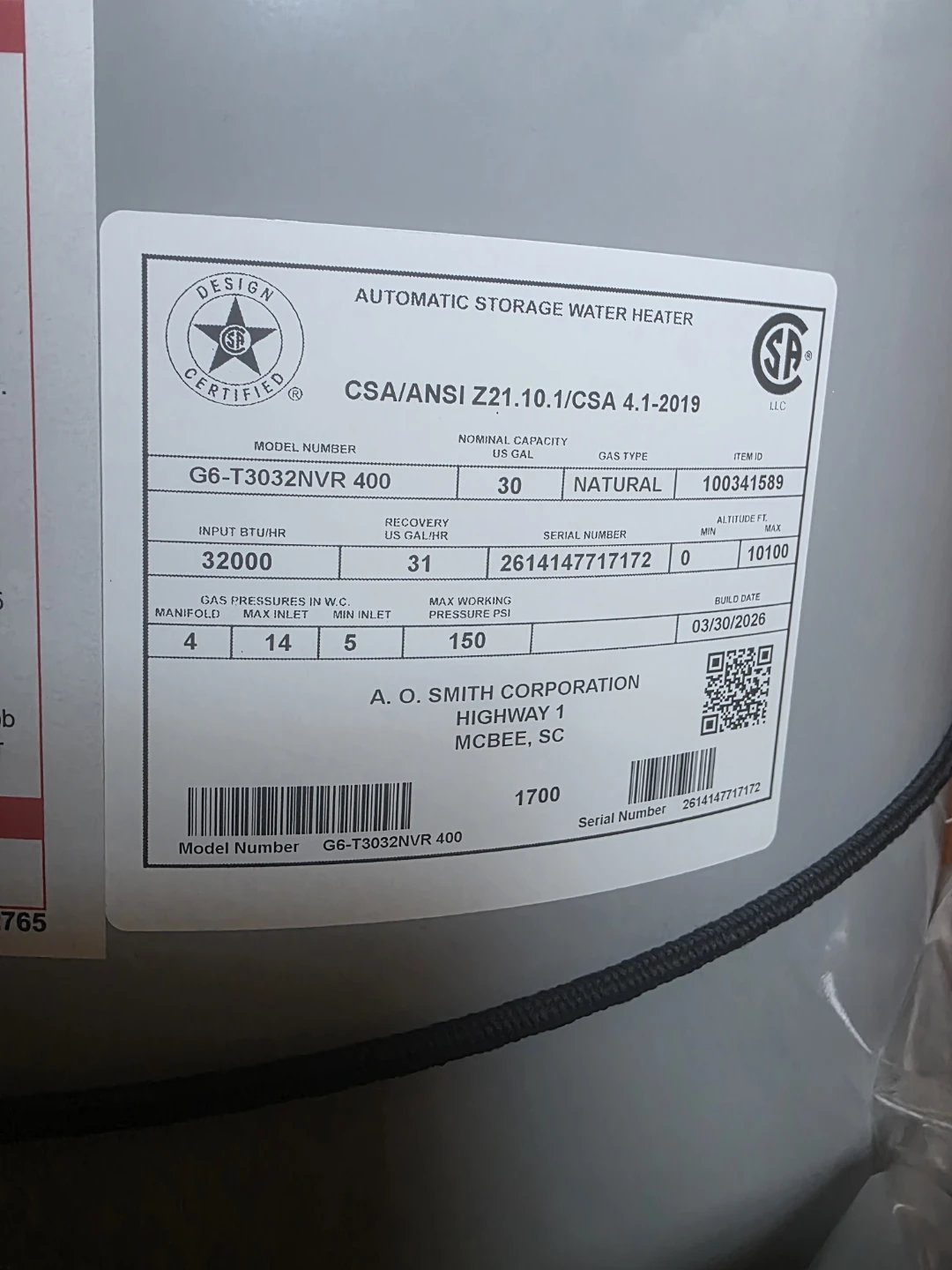 New 30 gallon gas water heater - photo 2