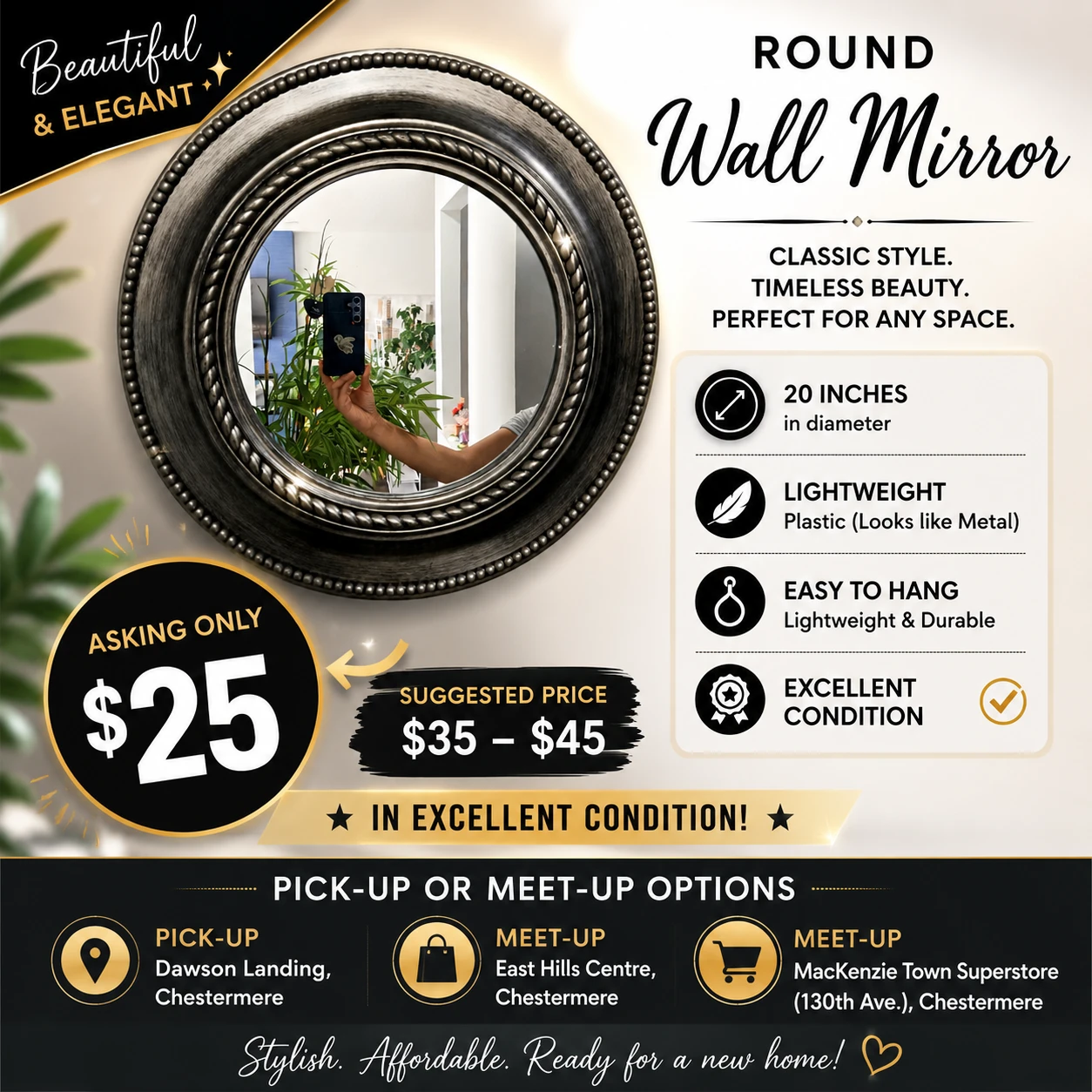 Round Wall Mirror - 20 Inches Diameter