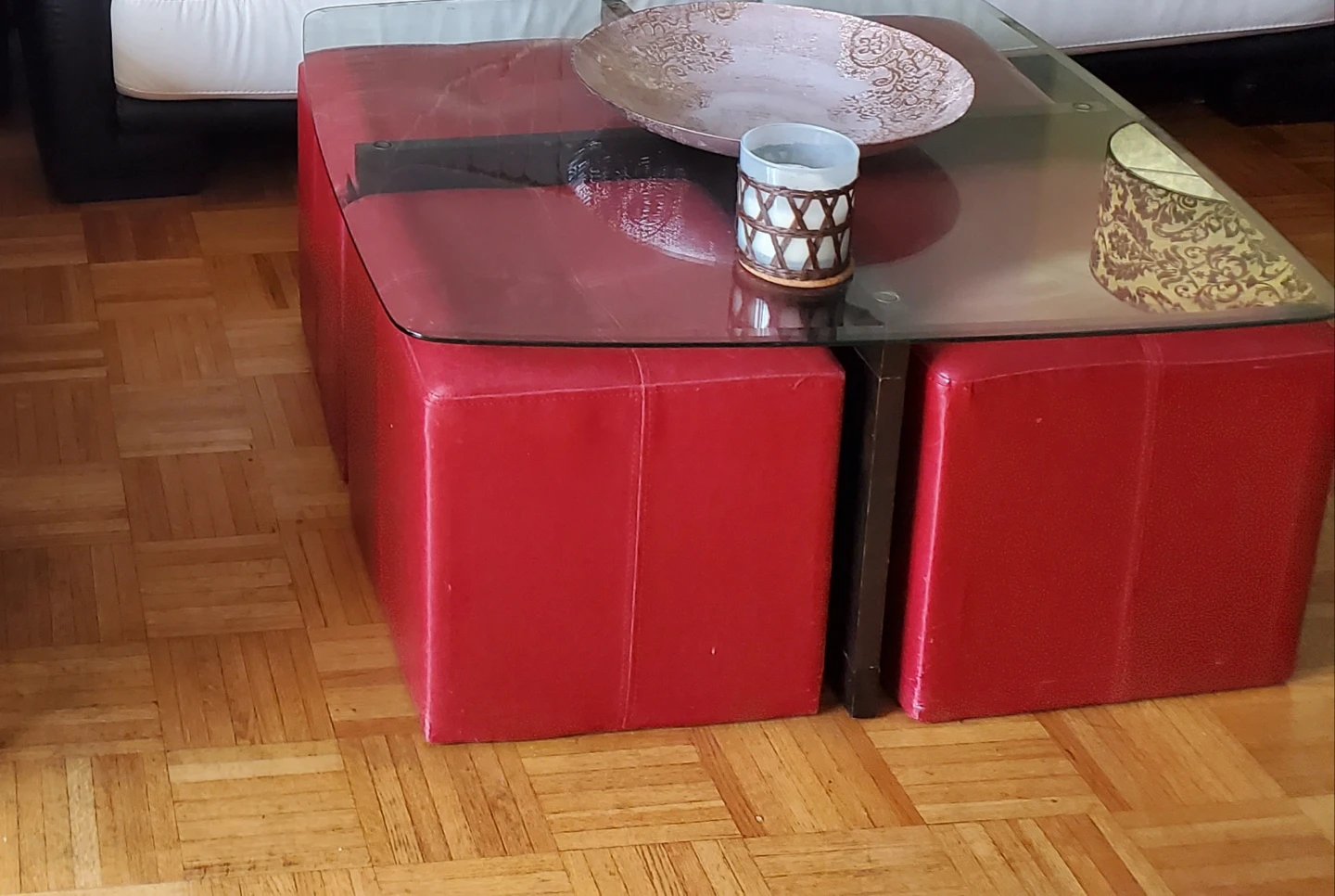 Red Leather Ottoman Coffee Table with Glass Top - photo 2