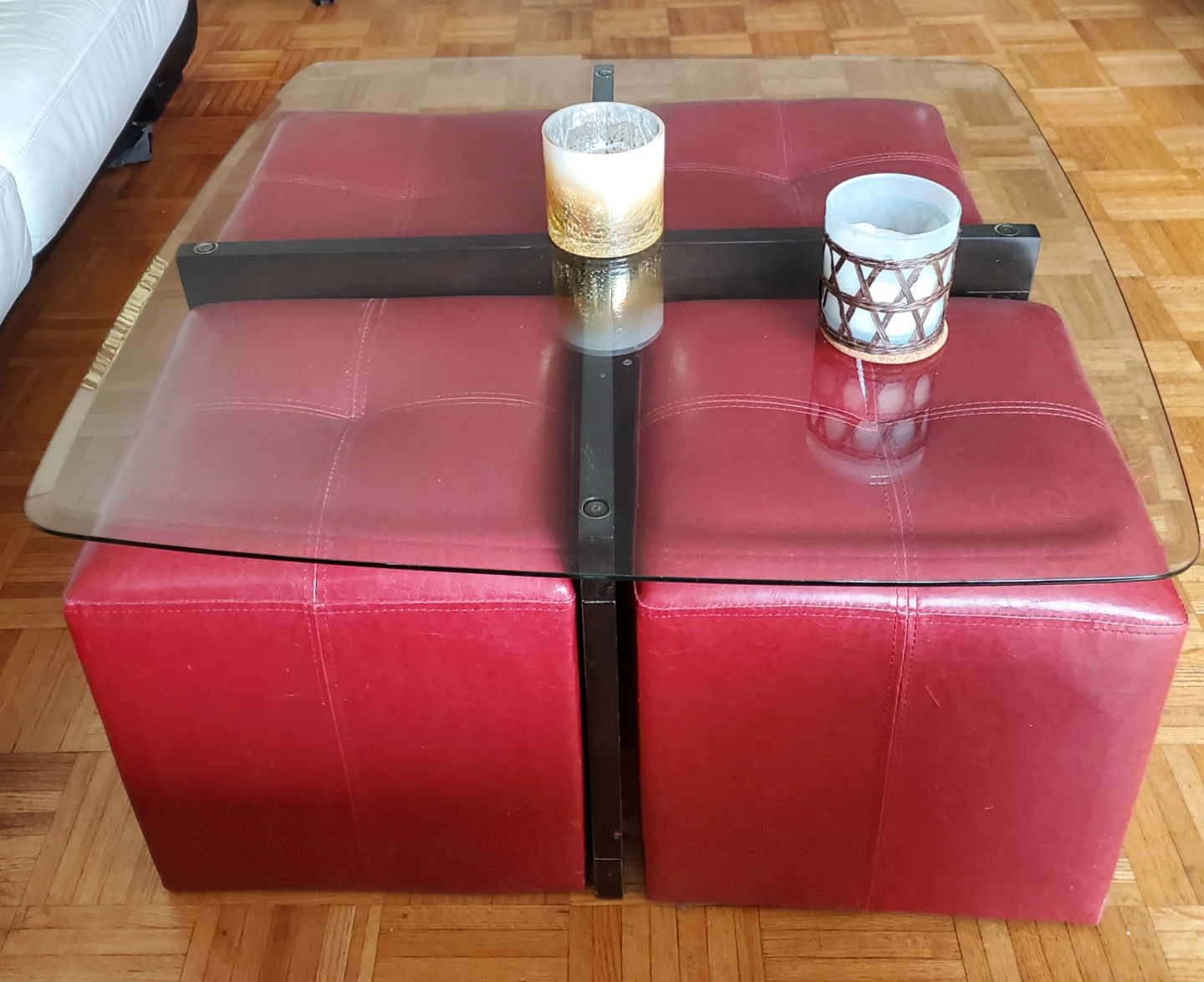 Red Leather Ottoman Coffee Table with Glass Top - photo 3