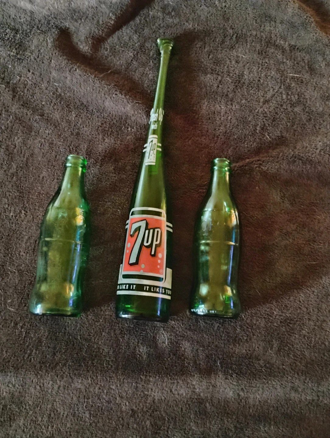 Vintage 7UP and Coca-Cola Green Glass Bottles