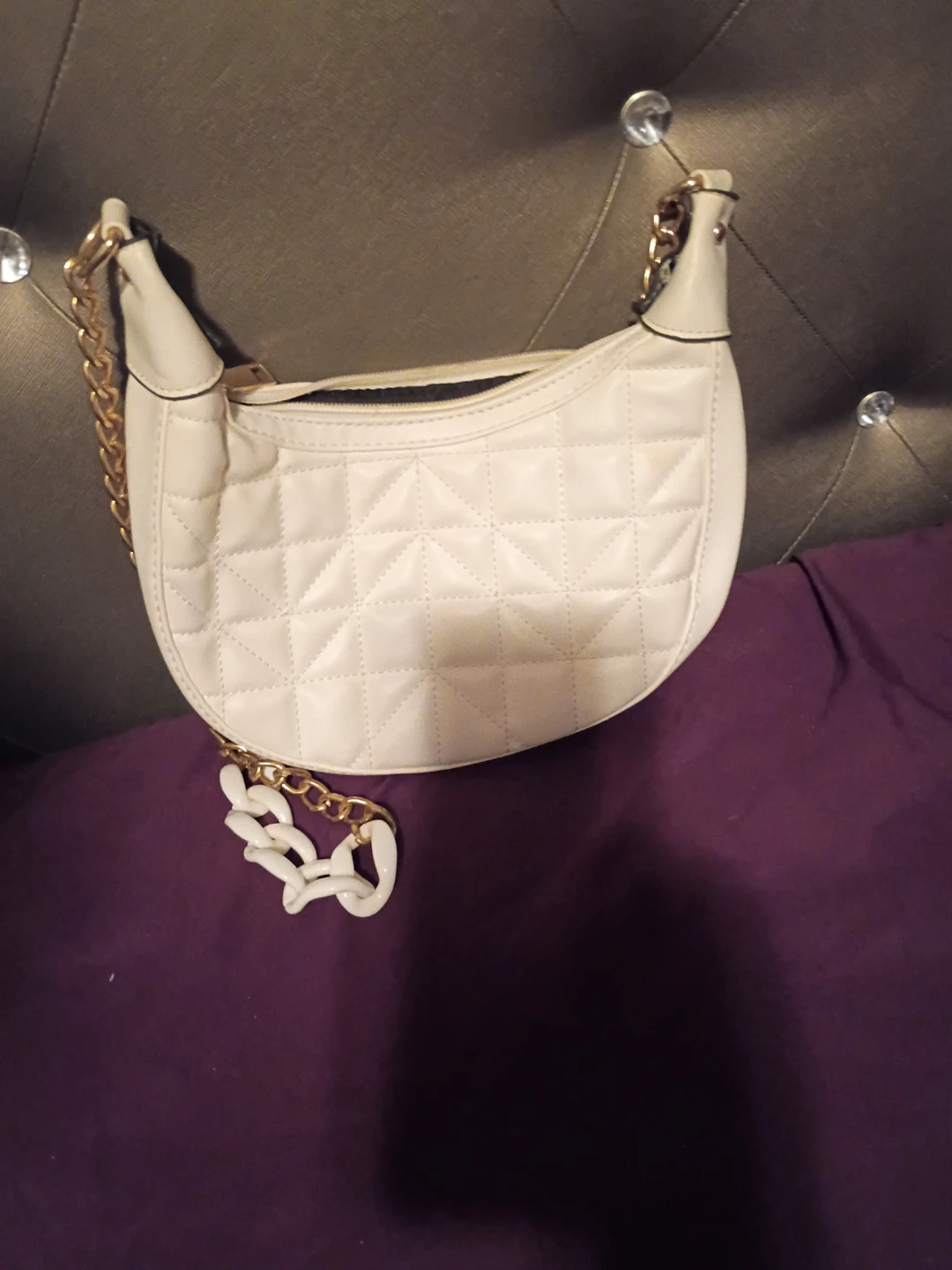 Quilted Crescent Shoulder Bag with Gold Chain