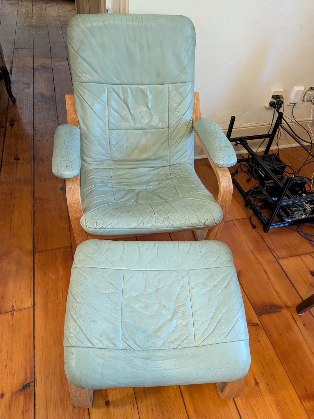 Light Blue Leather Recliner Chair with Ottoman - photo 2