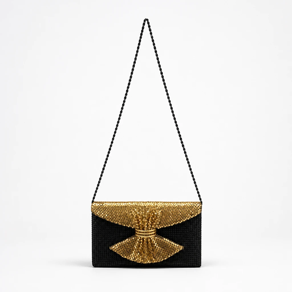 Black & Gold Mesh Bow Clutch Handbag - photo 5