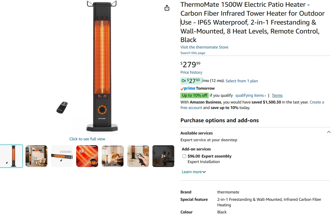 ThermoMate 1500W Electric Patio Heater - Black - photo 2