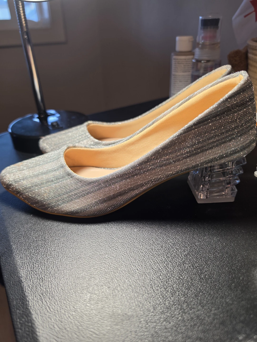 Sparkly Silver Heels with Clear Block Heels