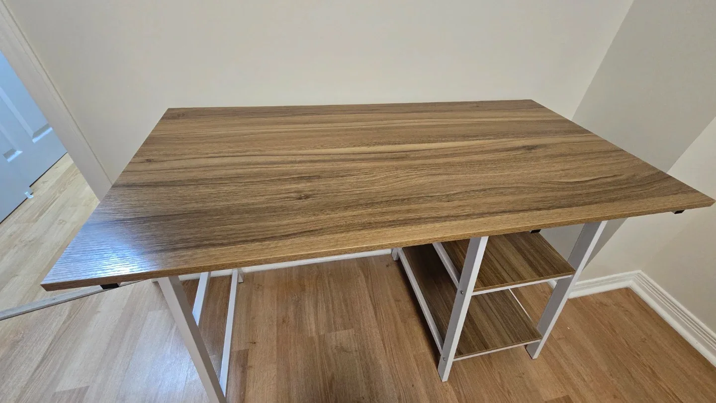 Wooden top desk with white metal frame and shelves - photo 5