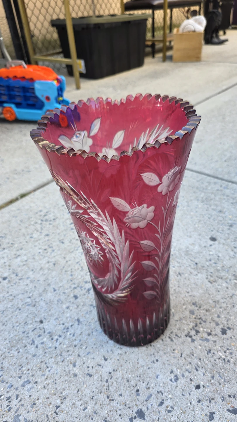 Antique Cranberry Glass Vase with Etched Floral Design - photo 2