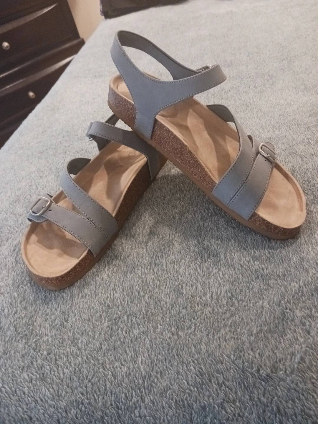 Gray Flat Sandals with Buckle Straps