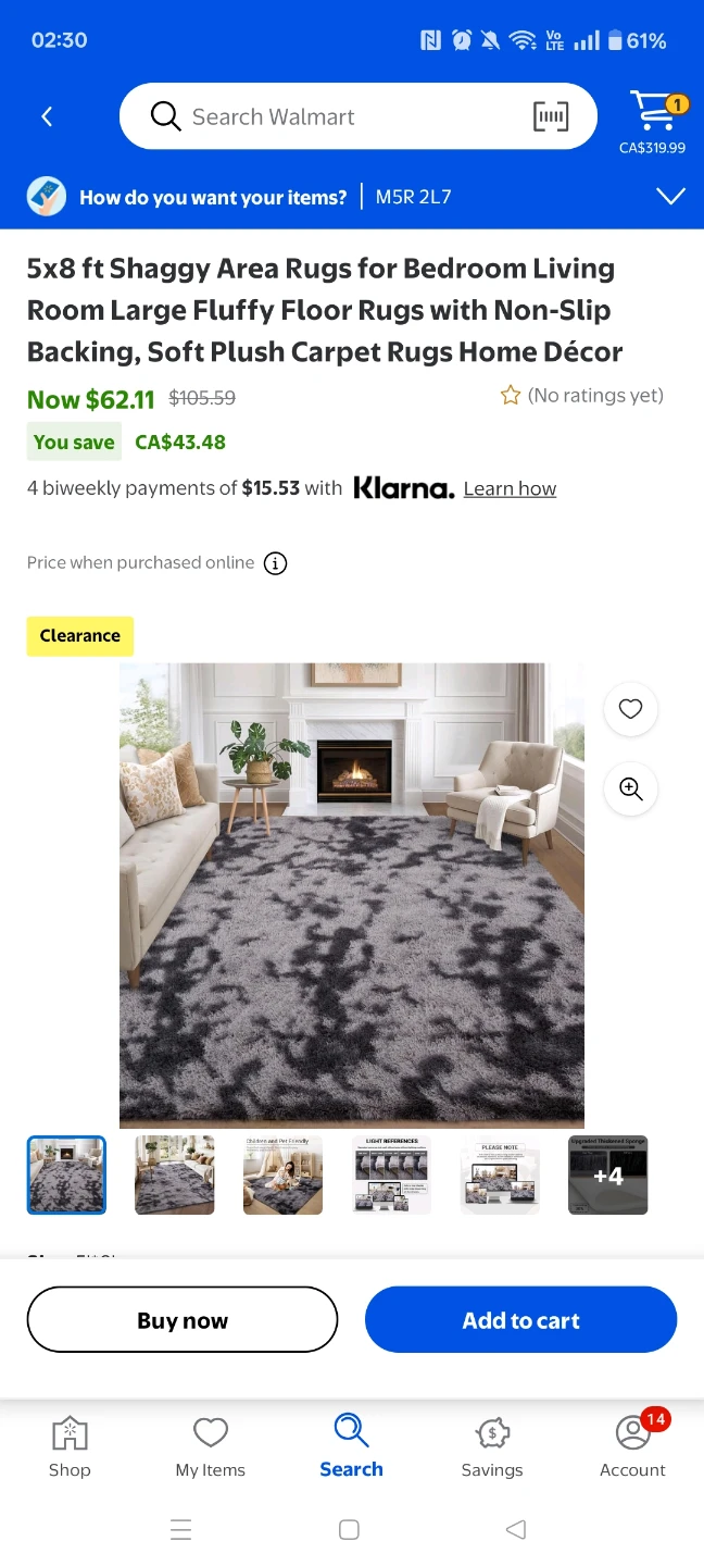 82x62 inch Shaggy Area Rug - Grey