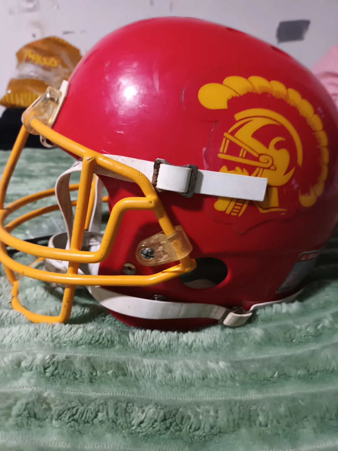 Red Football Helmet with Yellow Face Mask