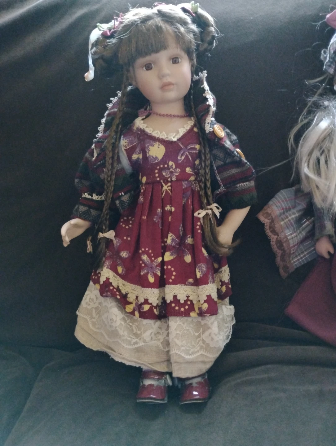 Vintage Porcelain Doll with Burgundy Dress