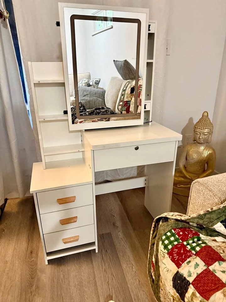 White Vanity Desk with Lighted Mirror and Drawers