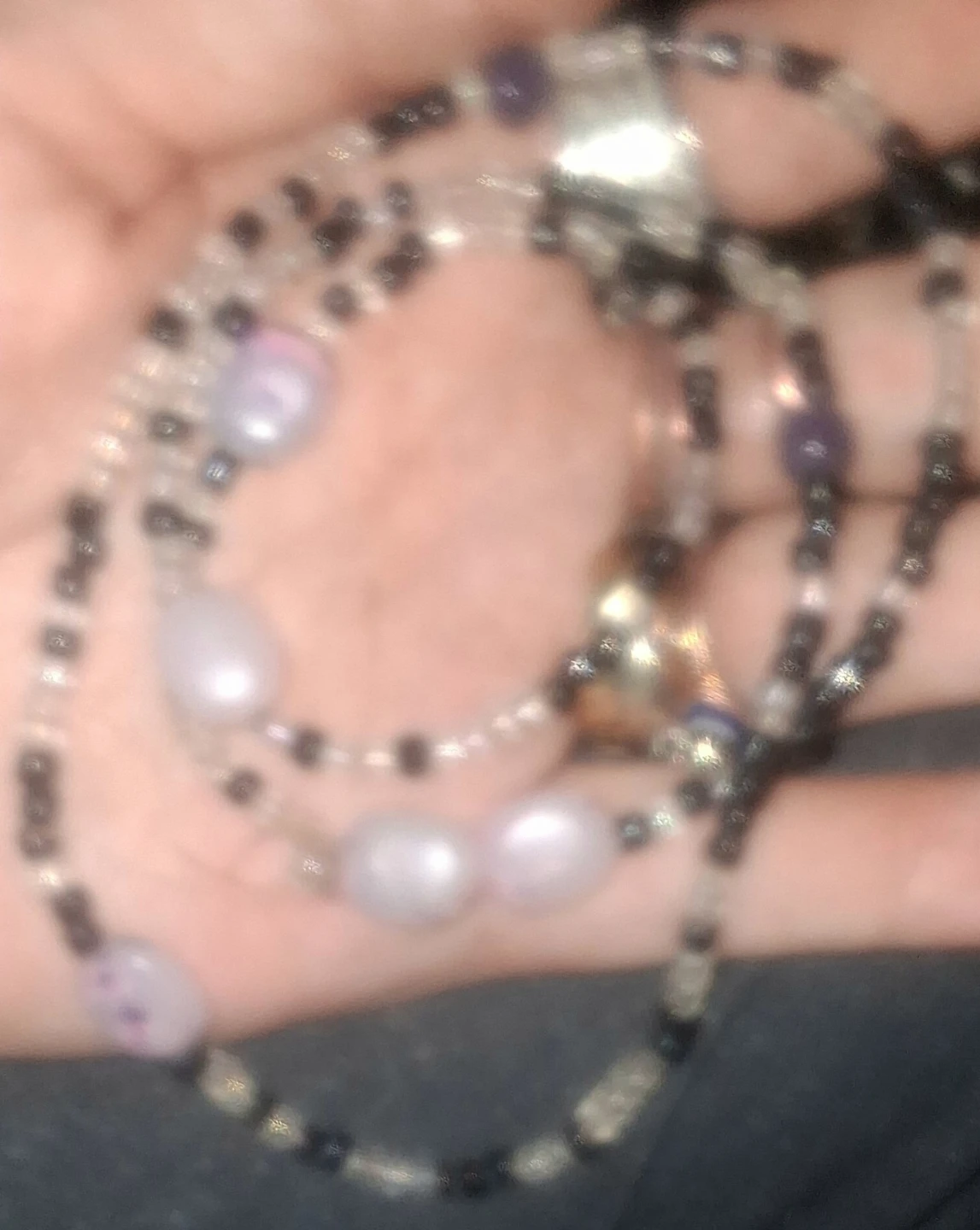 Long Handmade Beaded Necklace+Plastic Pearls and Purple Accents
