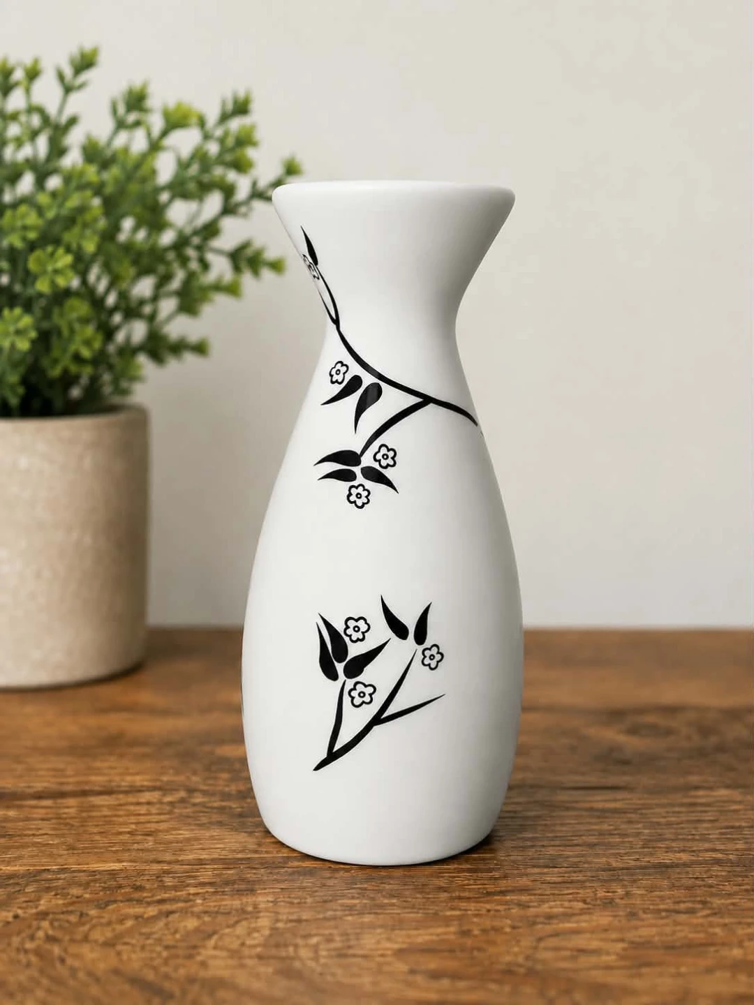 White Vase with Black Floral Design