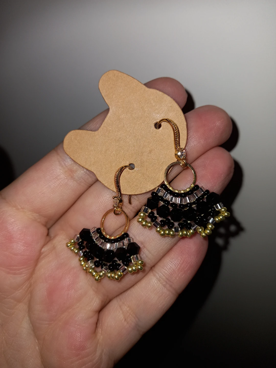 Handmade Black and Gold Beaded Fan Earrings - photo 2