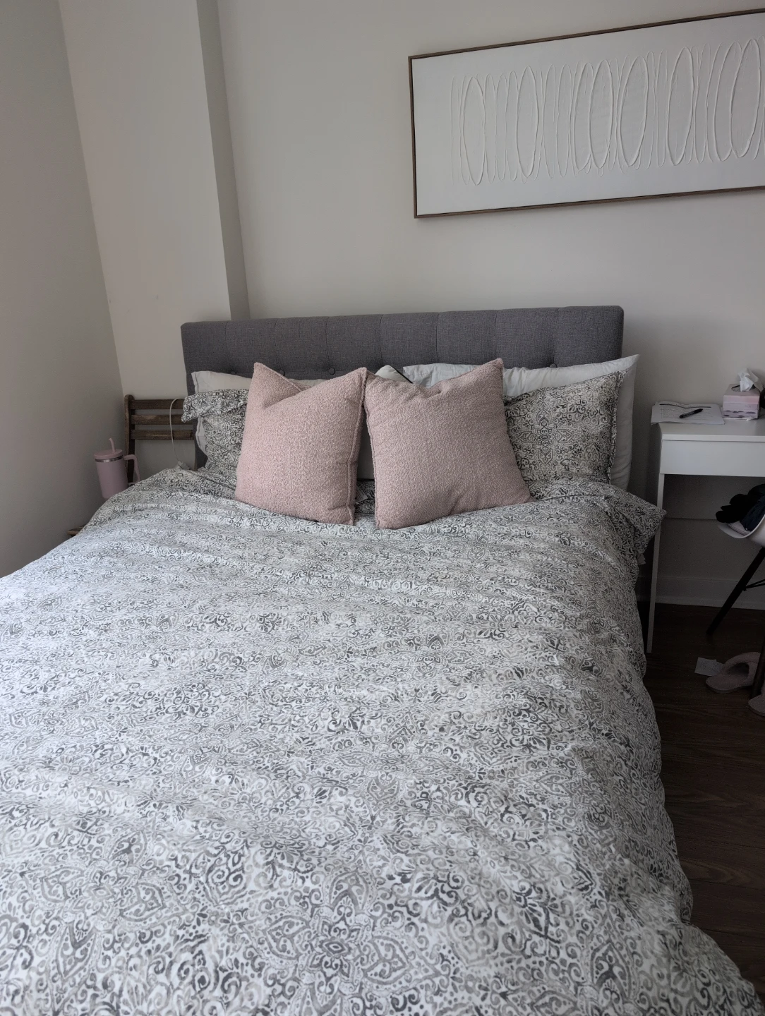 Queen Bed - Metal Frame + Upholstered Headboard