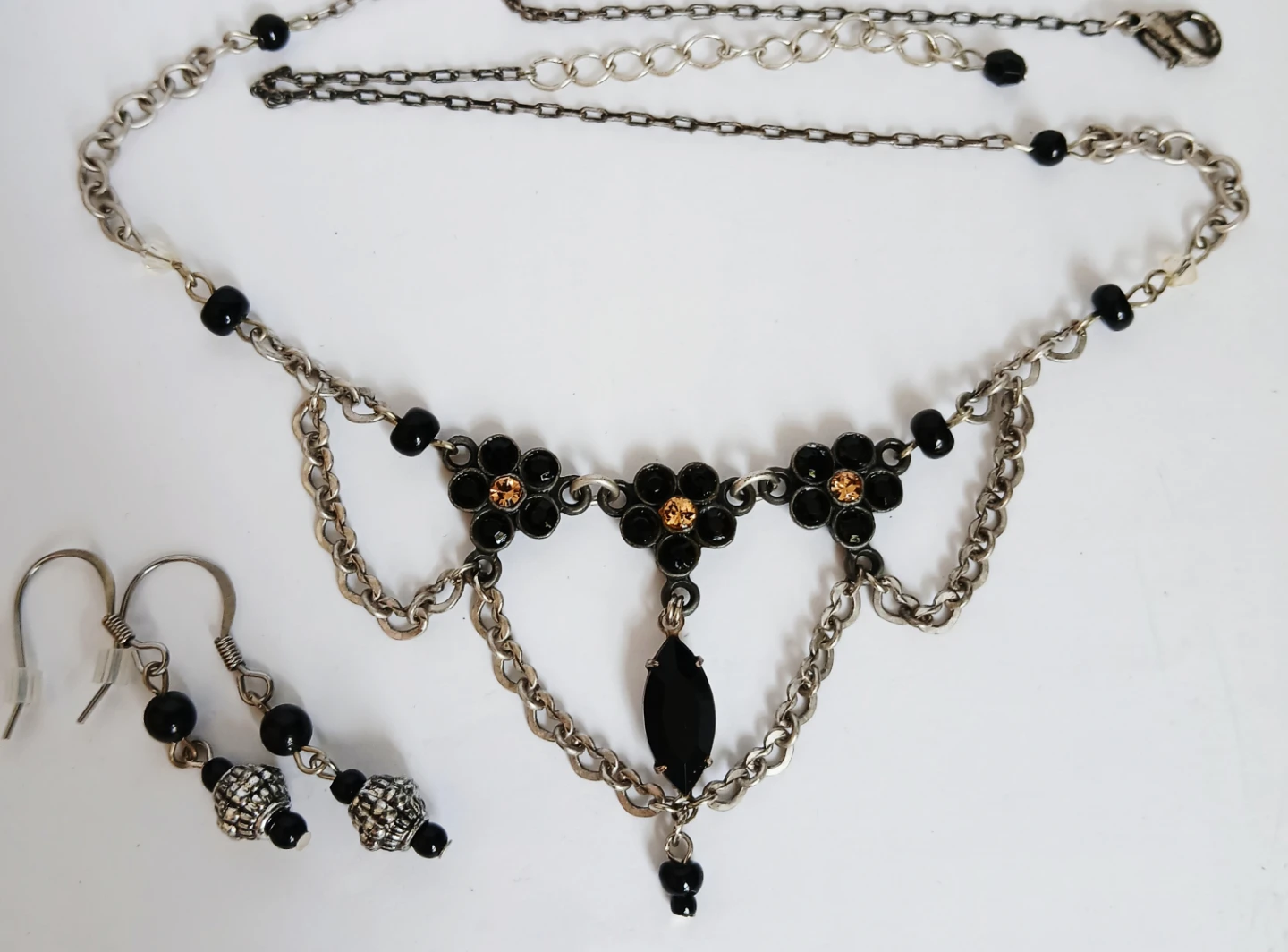 Silver Tone Necklace and Earring Set with Black Gems - photo 3