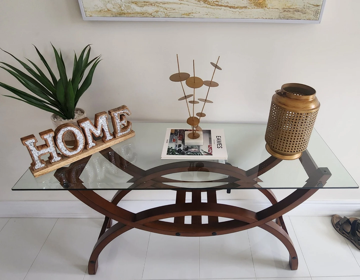 Glass Top Console Table with Wooden Base