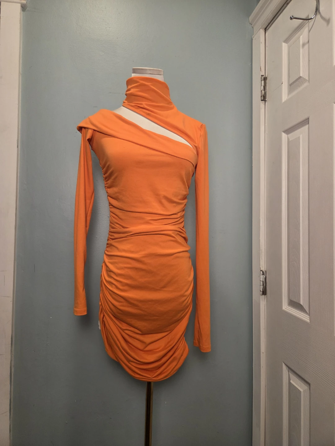 Orange Ruched Cutout Mock Neck Long Sleeve Mini Dress