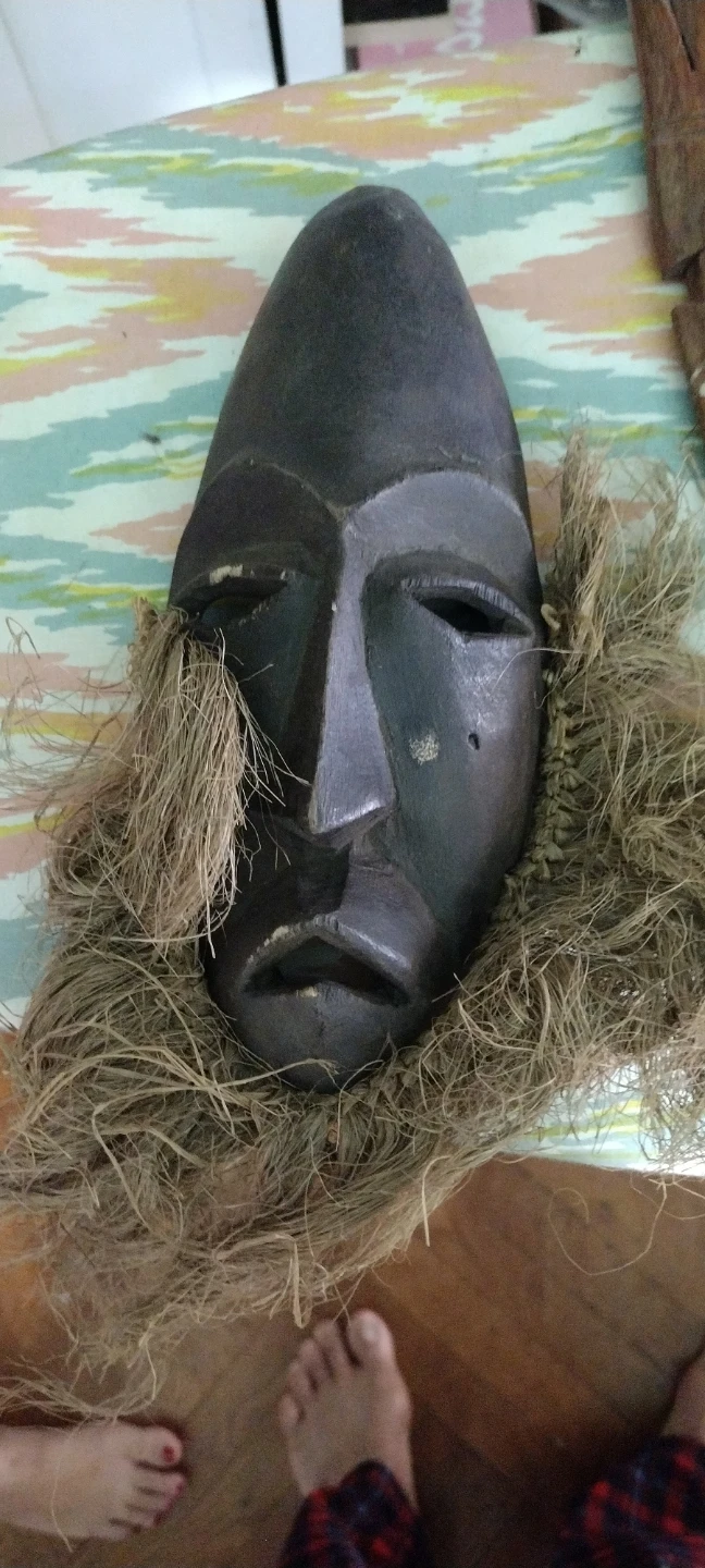 Hand-Carved Wooden Tribal Masks with Grass Hair - photo 2