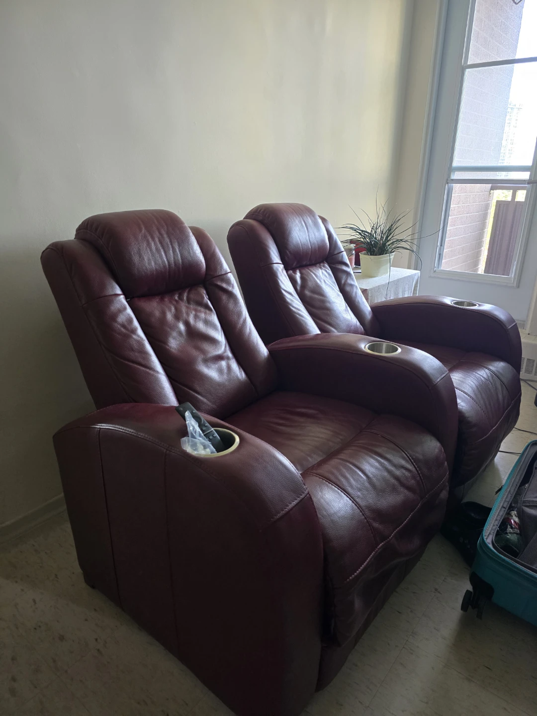 Burgundy Leather Recliner Chairs with Cup Holders
