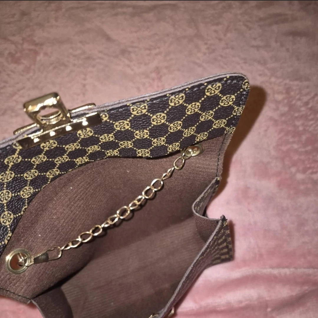 Brown patterned purse with gold chain - photo 3