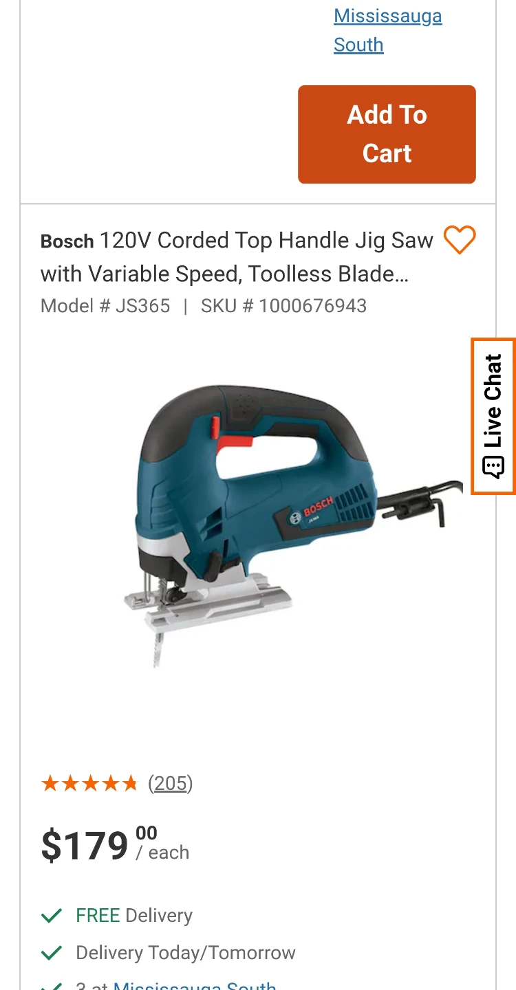 Bosch 120V Corded Top Handle Jig Saw JS365