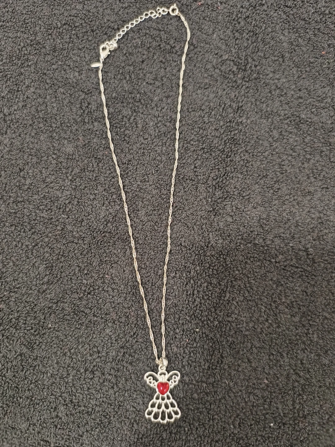 Silver Angel Necklace with Red Heart Pendant