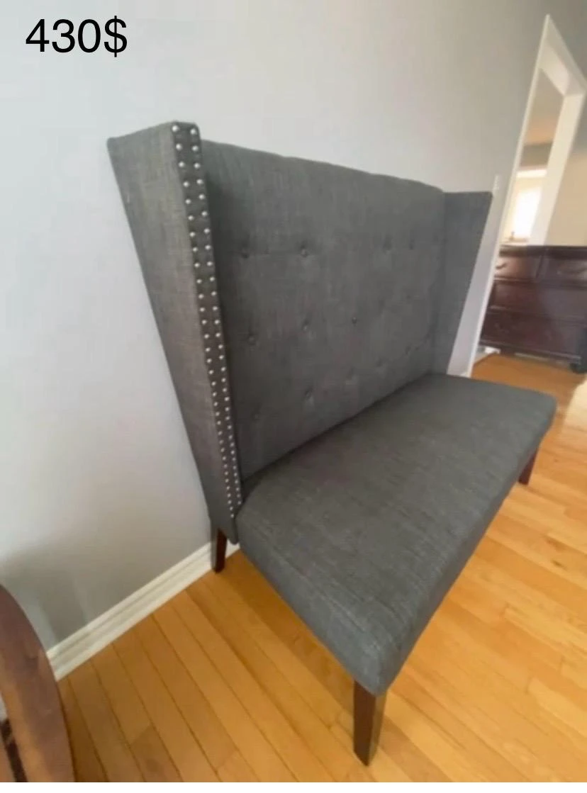 Grey Tufted Wingback Bench
