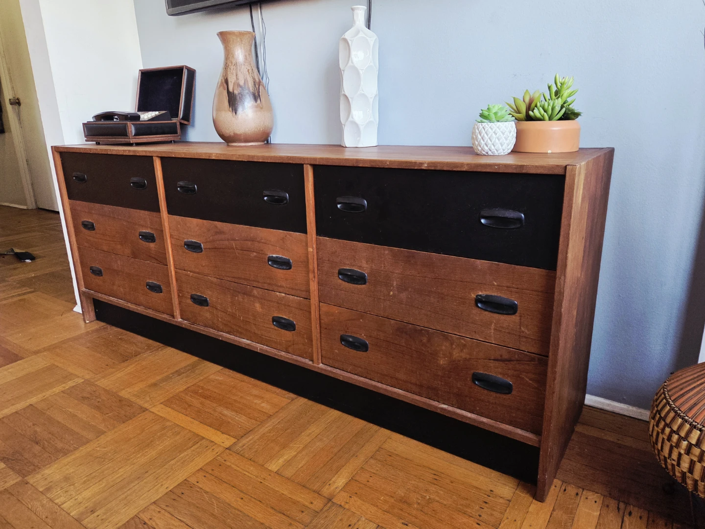 MCM Teak & Black Nine Drawer Lowboy Dresser