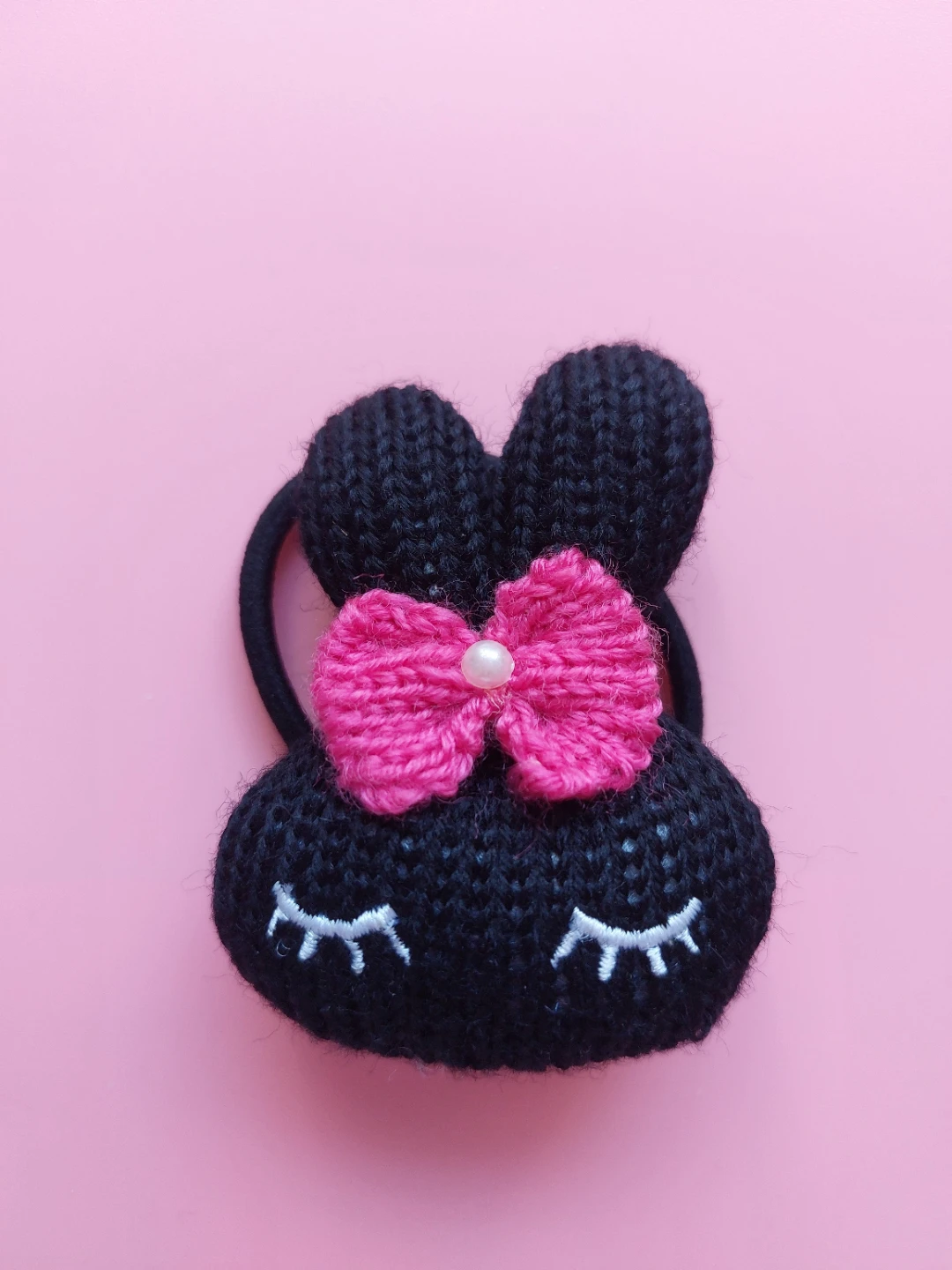 Knitted Bunny Hair Tie - Black with Pink Bow