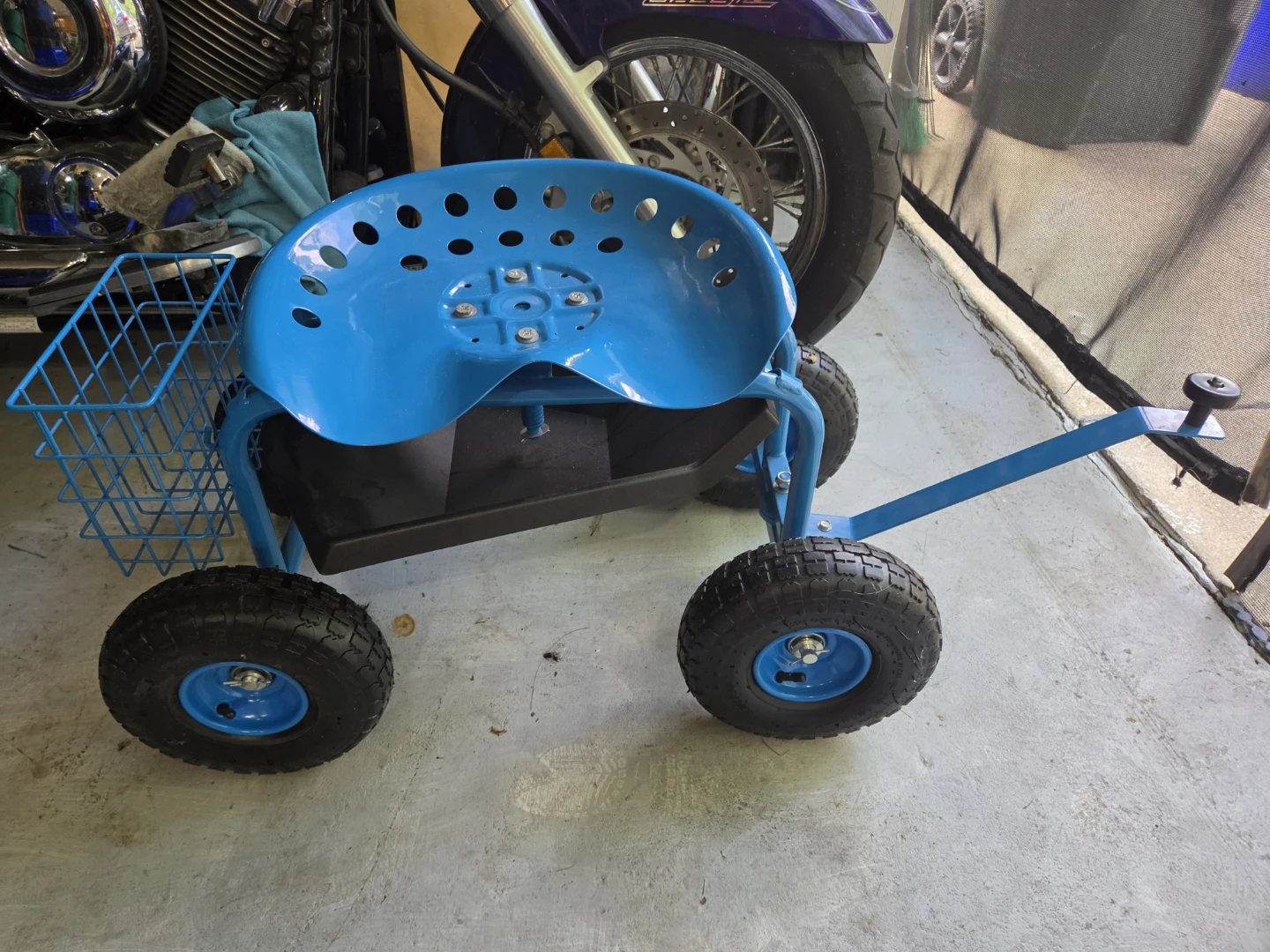 Blue Garden Cart with Rolling Seat
