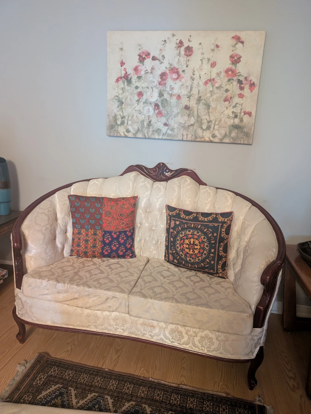 Cream Damask Sofa with Wood Trim - photo 2