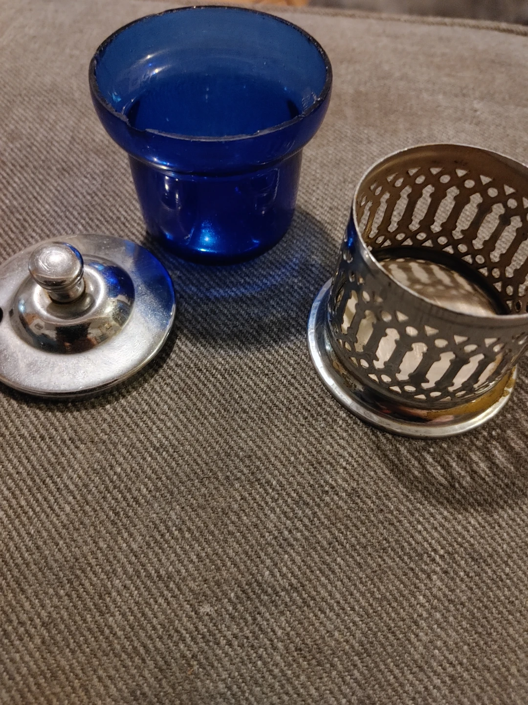 Vintage Blue Glass and Metal Mustard Holder Japan - photo 2