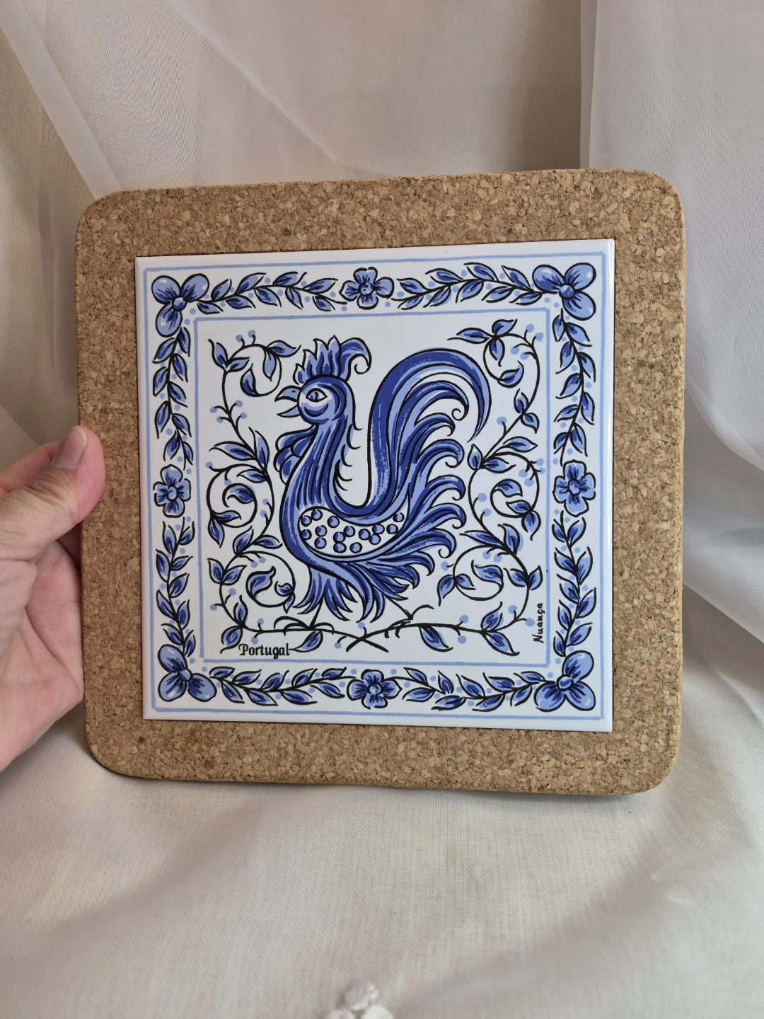 7 3/4" Square Cork Ceramic Trivet Blue Rooster- Portugal - photo 2