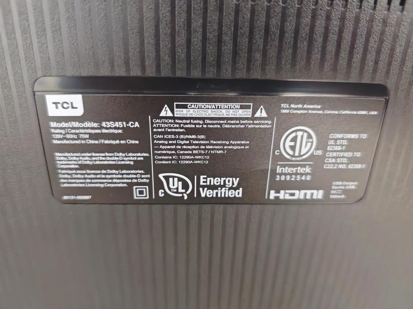 Broken screen TCL 43S451-CA Roku TV for parts - photo 3
