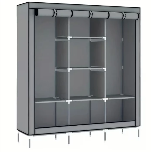 Grey Fabric Wardrobe with Shelves and Hanging Rod